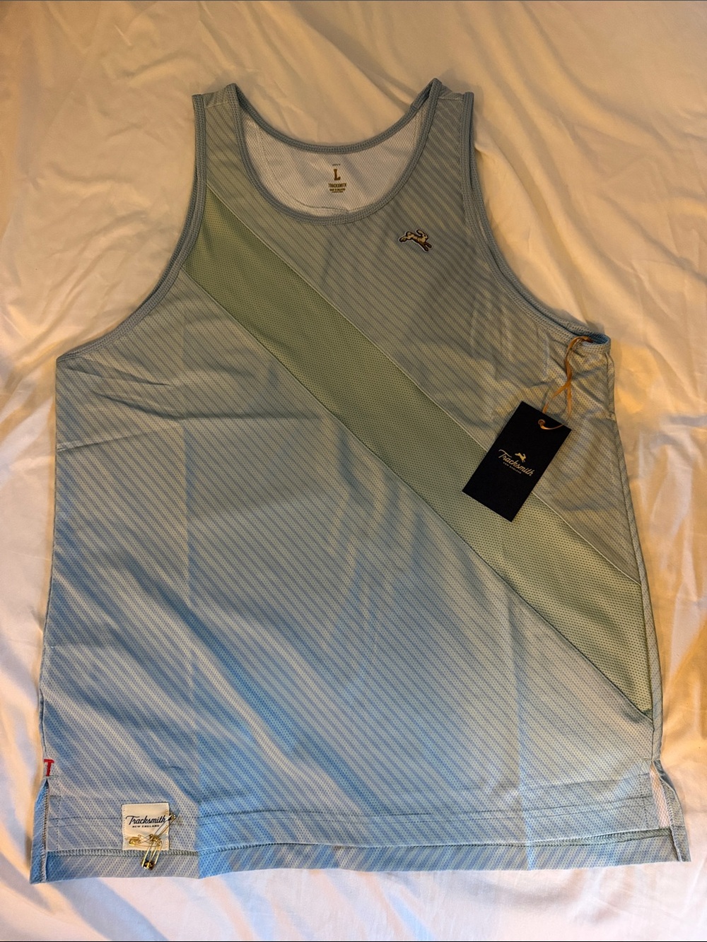 Tracksmith Light Blue Tank with Sage Diagonal Stripe